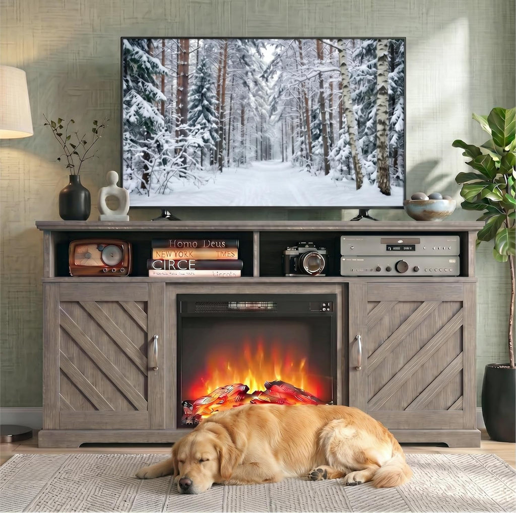 Fireplace TV Stand for 70 inch TV, Farmhouse Entertainment Center with Storage, Wood TV Console with Fireplace, TV