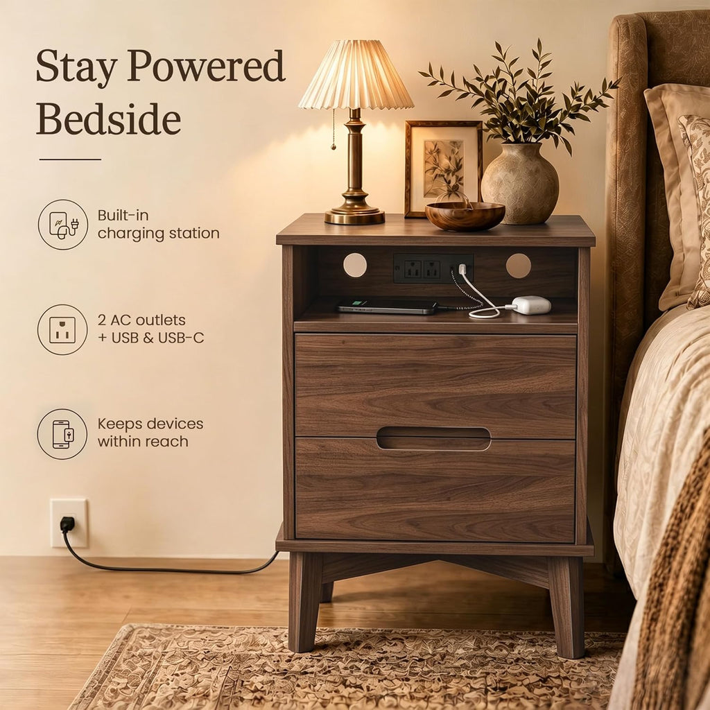 26-Inch Tall Mid Century Modern Set of 2 Nightstands, Dark Walnut | Dual charging stations, 2 drawers per table