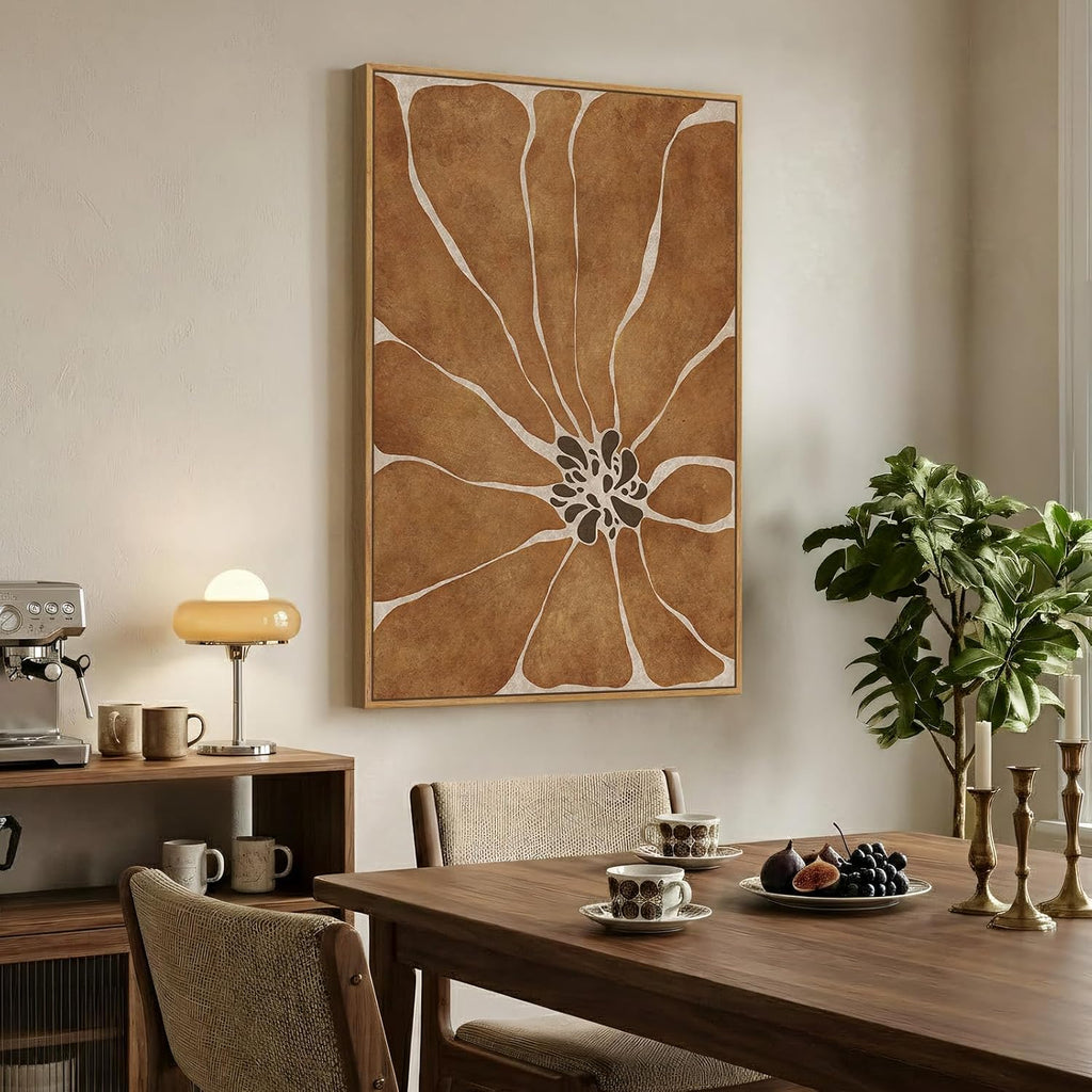 Framed Boho Abstract Neutral Floral Wall Art , Modern Minimalist Brown Flower Print Canvas Artwork for Walls