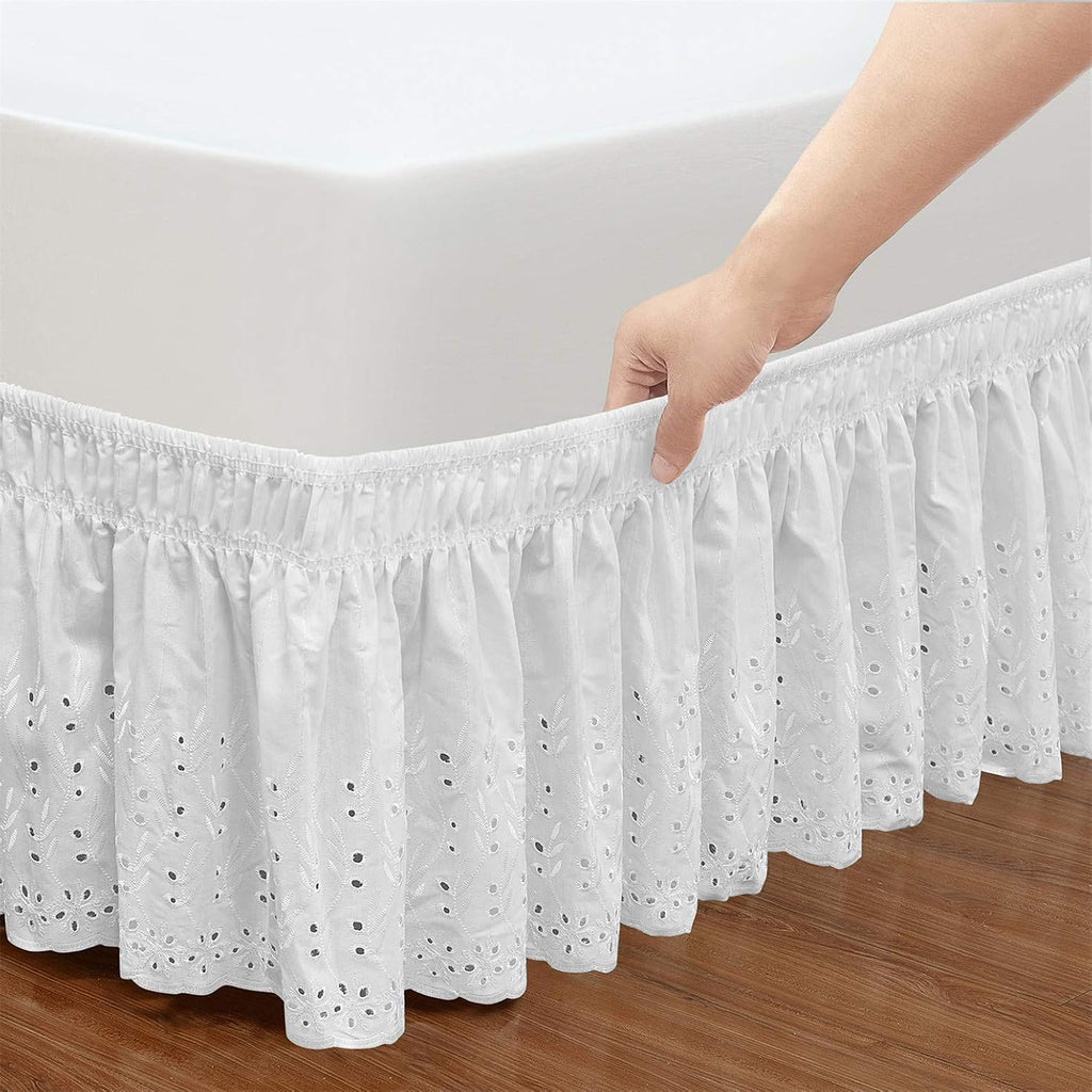 Wrap Around Elastic Eyelet Bed Skirt Dust Ruffle (White, Queen/King-18 Inch Drop)