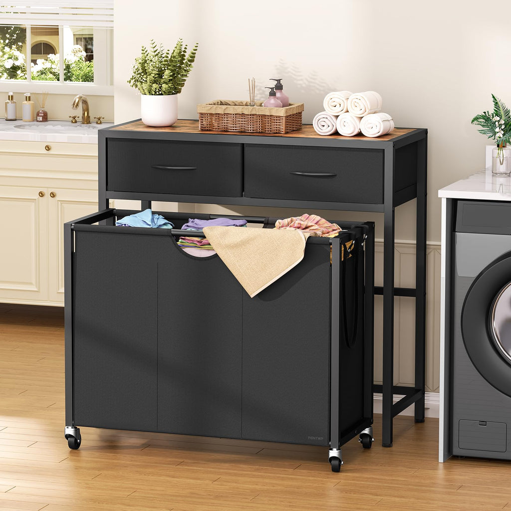Laundry Sorter 3 Section with Tabletop & 2 Drawers, Rolling Laundry Hamper with Pull-Out and Removable Bags, Laundry