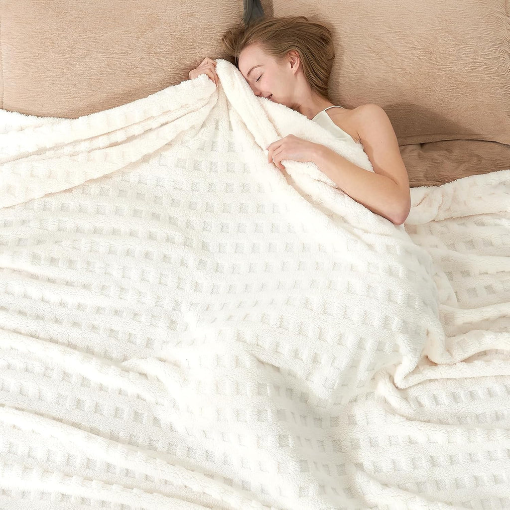 Ultrasoft Waffle Throw Blanket, Fluffy Cute Plush Blanket, Modern Home Accent, Portable for Picnic or Outdoor, Ivory