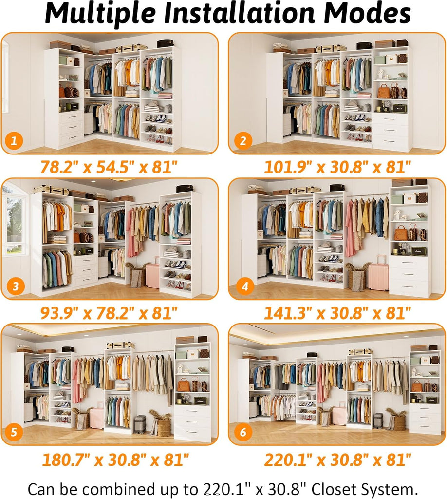 Closet Organizer System of 4 Sets with 3 Drawers, 9 Hanging Rods & 8 Shelves, 157" Walk in Closet System, Corner