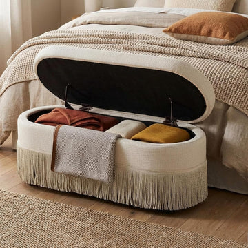 39.4" Boho Storage Ottoman Bench with Tassels,Upholstered End of Bed Bench | Linen Oval Ottoman with Storage