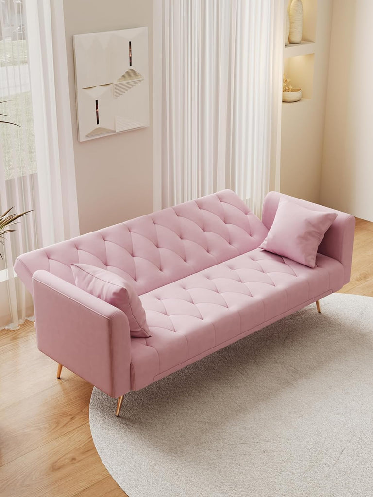 71 INCH Loveseat Sofa with Adjustable Backrest, Upholstered 2 Seater Velvet Couch Bedroom Office Apartment, Pink