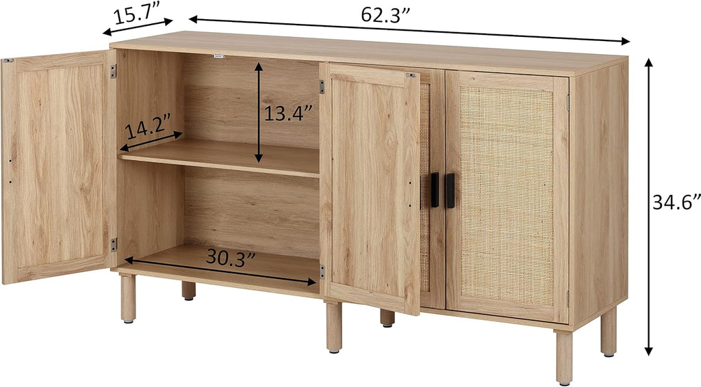 4 Door Sideboard Buffet Cabinet, Kitchen Storage Cabinet with Rattan Decorated Doors, Cupboard Console Table, Boho