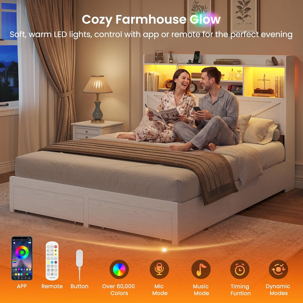 Queen Bed Frame with 6 Storage Drawers, Farmhouse Bed Frame Queen with Bookcase Headboard, LED Lights & Charging