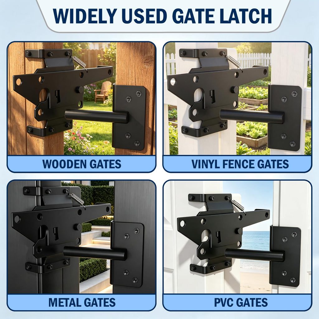 Adjustable Self-Closing Gate Hinges and Self-Locking Gate Latch Hardware Kit, Heavy Duty Black Gate Hardware for