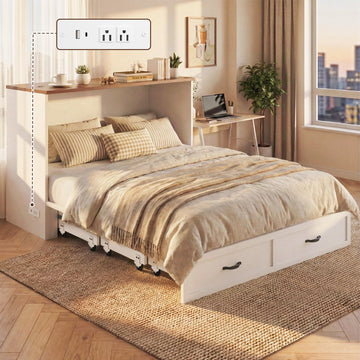 Queen Murphy Bed Frame with Charging Station, Freestanding Cabinet Murphy Bed with Fold-Down Panel & Reinforced