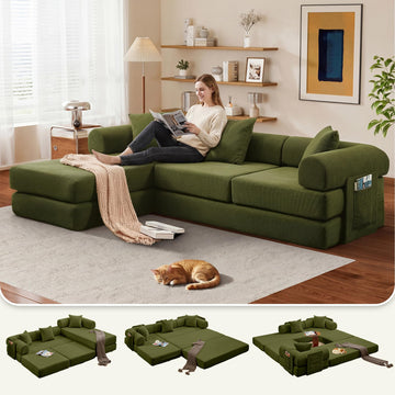 107" Modular Sectional Sofa Bed, L-Shape Corduroy Boneless Couch, Green