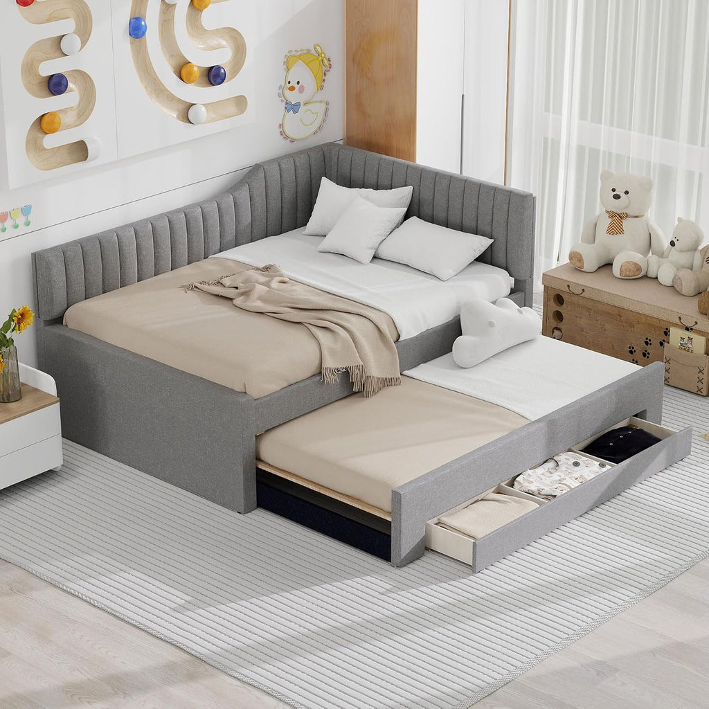Full Size Daybed with Pull Out Trundle and Three Storage Drawers, Linen Upholstered Day Bed Frame with Wood Slats