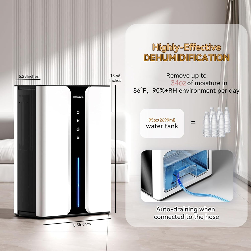 95oz Home Dehumidifier, (950 sq.ft) Quiet dehumidifier for Bedroom Bathroom with Drain Hose