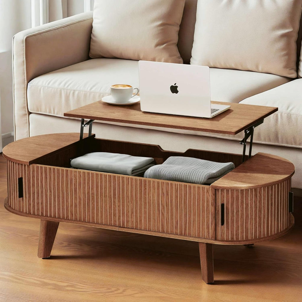 Oval Lift Top Coffee Table with Storage, 47.2" Mid Century Modern Living Room Center Table with 180° Sliding Tambour