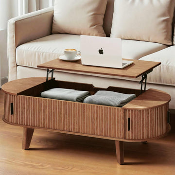 Oval Lift Top Coffee Table with Storage, 47.2" Mid Century Modern Living Room Center Table with 180° Sliding Tambour