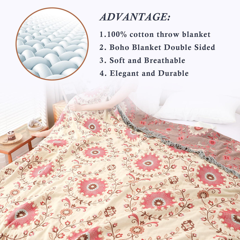 Boho Throw Blanket for Bed - 100% Cotton Ultra Soft Rustic Quilt - Pink Boho Floral Printed Farmhouse Decor Bed