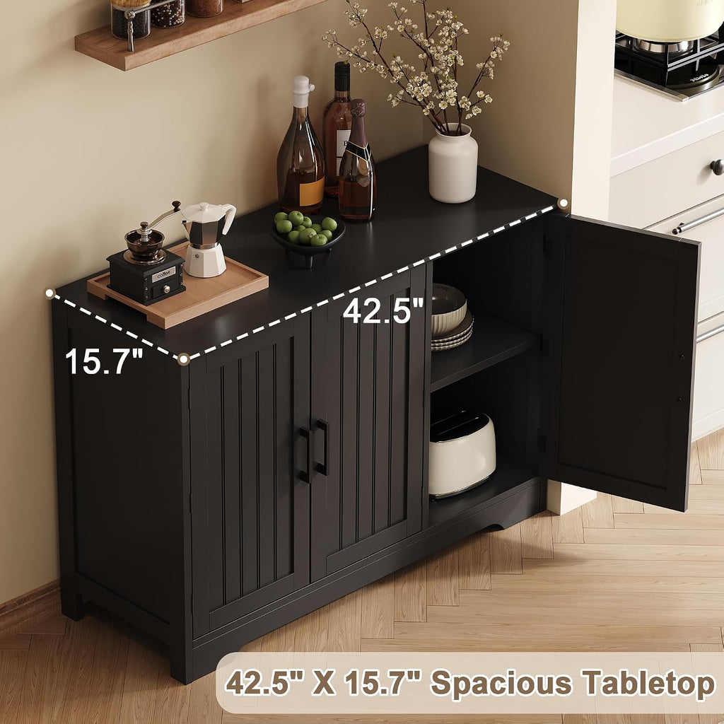 Modern Sideboard Buffet Cabinet with Adjustable Shelves | Coffee Bar Storage Cabinet, 3 Doors, Black
