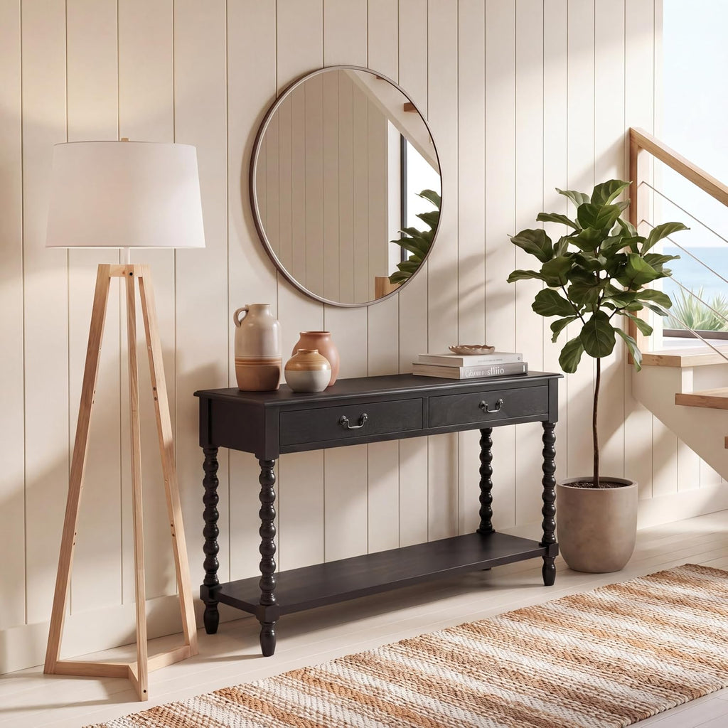 Furniture - Athena 2-Drawer Console Table - Black - Solid Wood - Farmhouse Classic Design - Ideal , 35.5" W x 13" D x