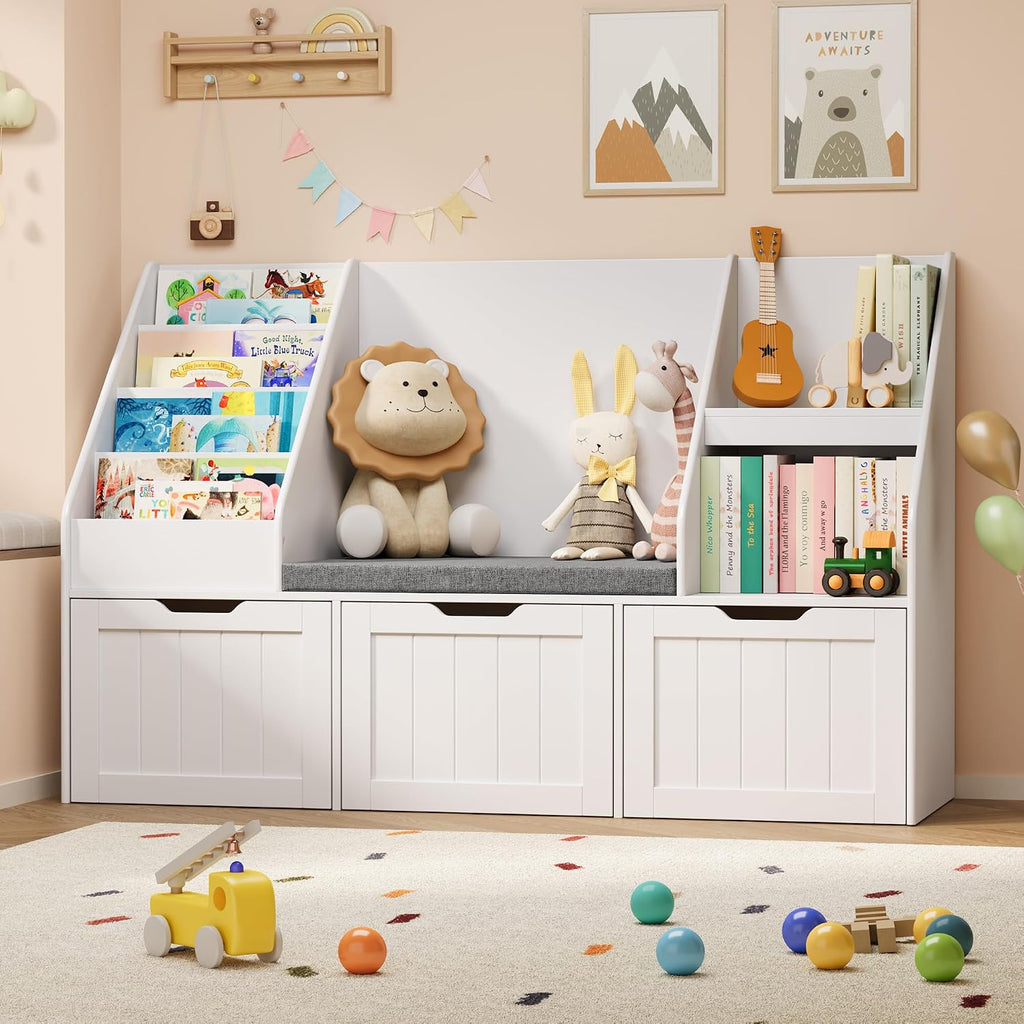 Kids Toy Storage Organizer with Reading Nook, Kids Bookshelf with 3 Movable Drawers, Kids Reading Nook with Bench for