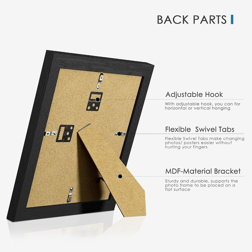 8x10 Picture Frame Set of 6, Wall or Tabletop, Black Woodgrain | Display 5x7 with Mat or 8x10 Without Mat, Horizontal