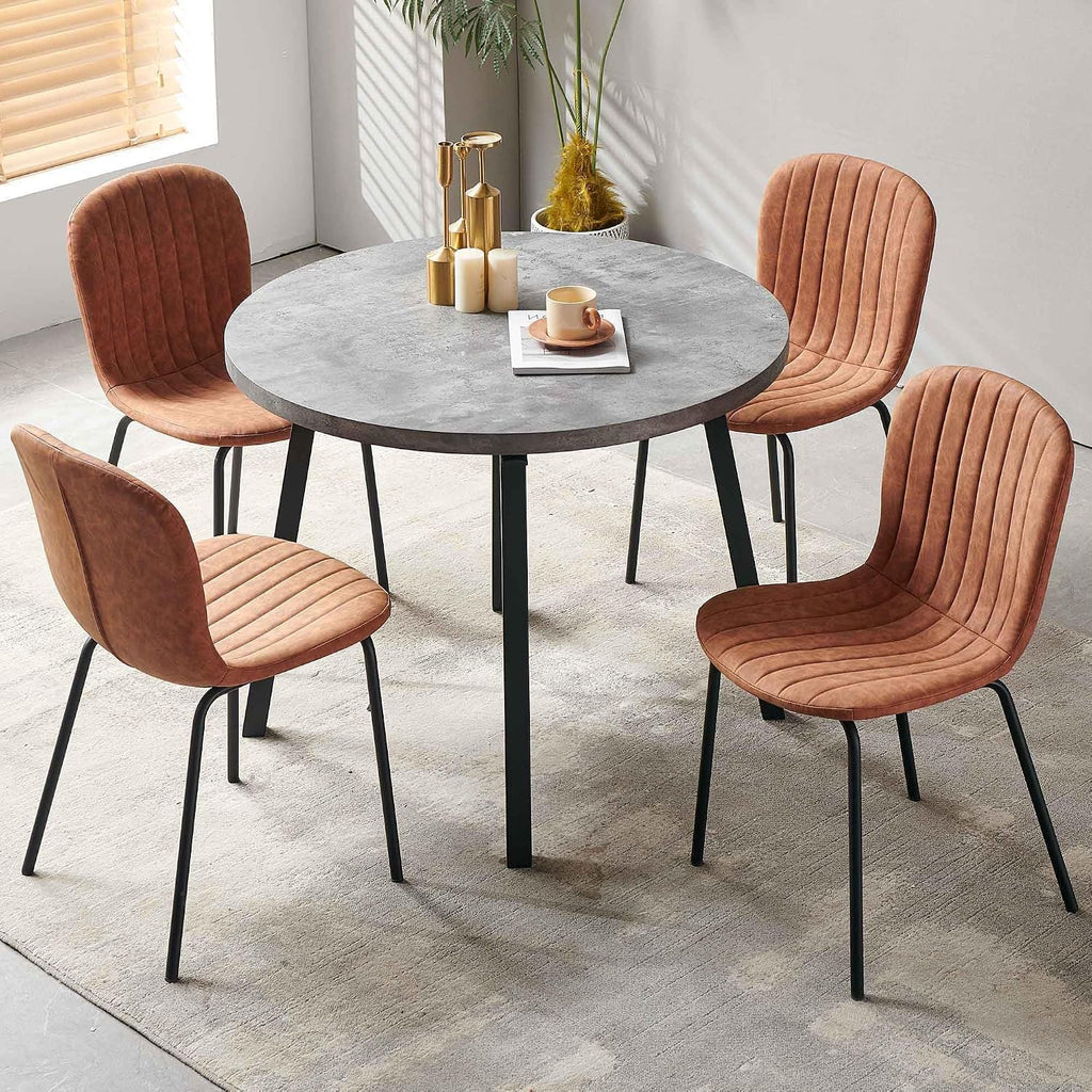 Dining Chair Set of 4, Upholstered PU Leather Seat with Black Metal Legs,Modern Comfortable Kitchen Chair, Curved