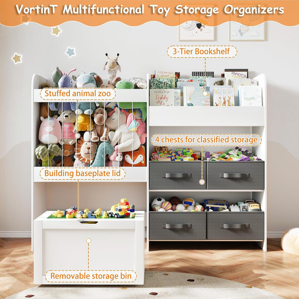 51.1" W Large Toy Storage Organizer with Stuffed Animal Storage, Kids Bookshelf with 4 Removable Toy Bins, Movable