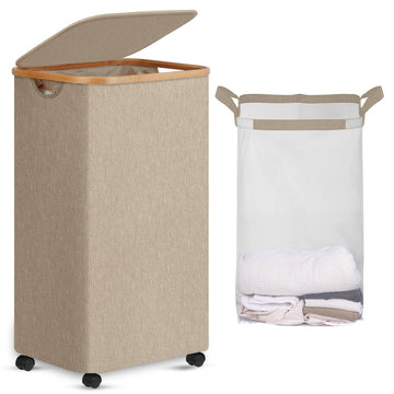 Laundry Basket with Wheels, Tall Rolling Laundry Hamper with Lid and Removable Bag, Aesthetic Dirty Clothes Hamper on