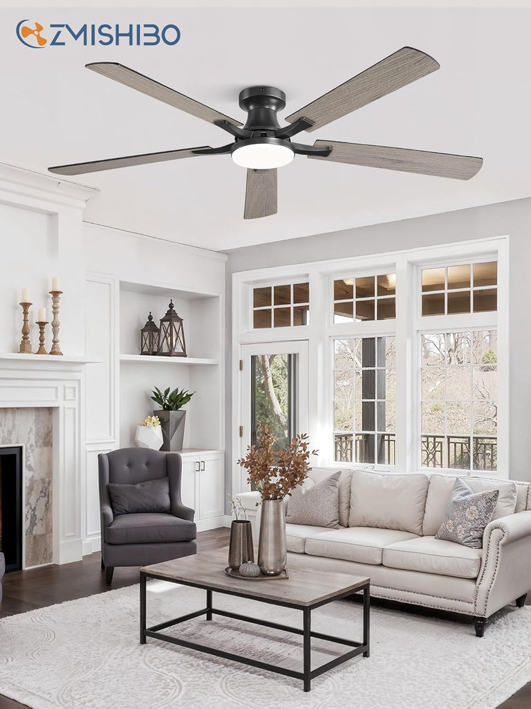 60 Inch Ceiling Fan with Light, App&Remote Control, Flush Mount Low Profile, Dimmable 20W LED Light, Quiet Reversible Motor for Bedroom, Living Room, Apartment, Black
