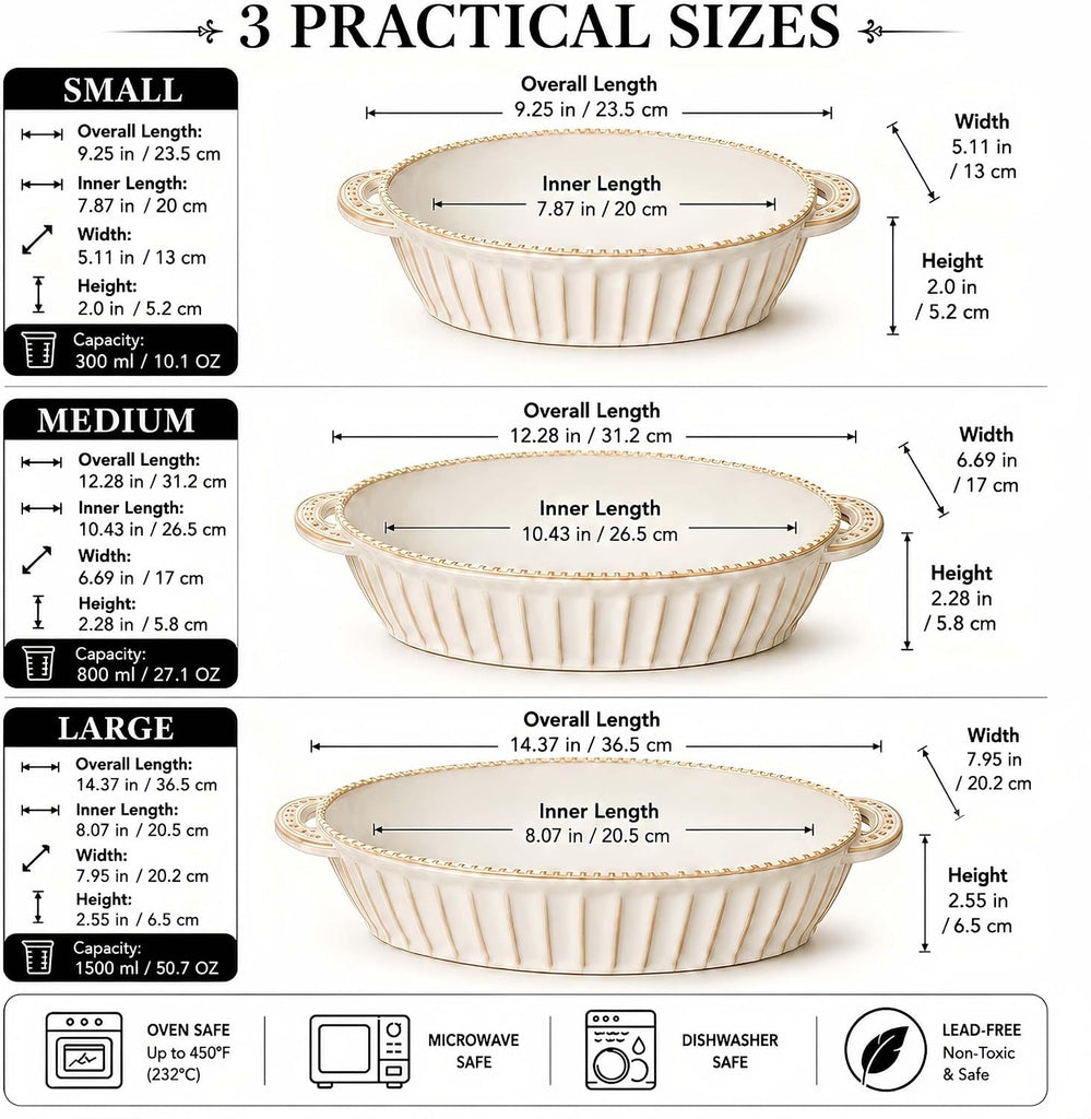 Casserole Dish for Oven, Ceramic Dishes Set, Oval Hobnail Bakeware Set of 3, 9.25"/12.28"/14.37" Dishes with Handle