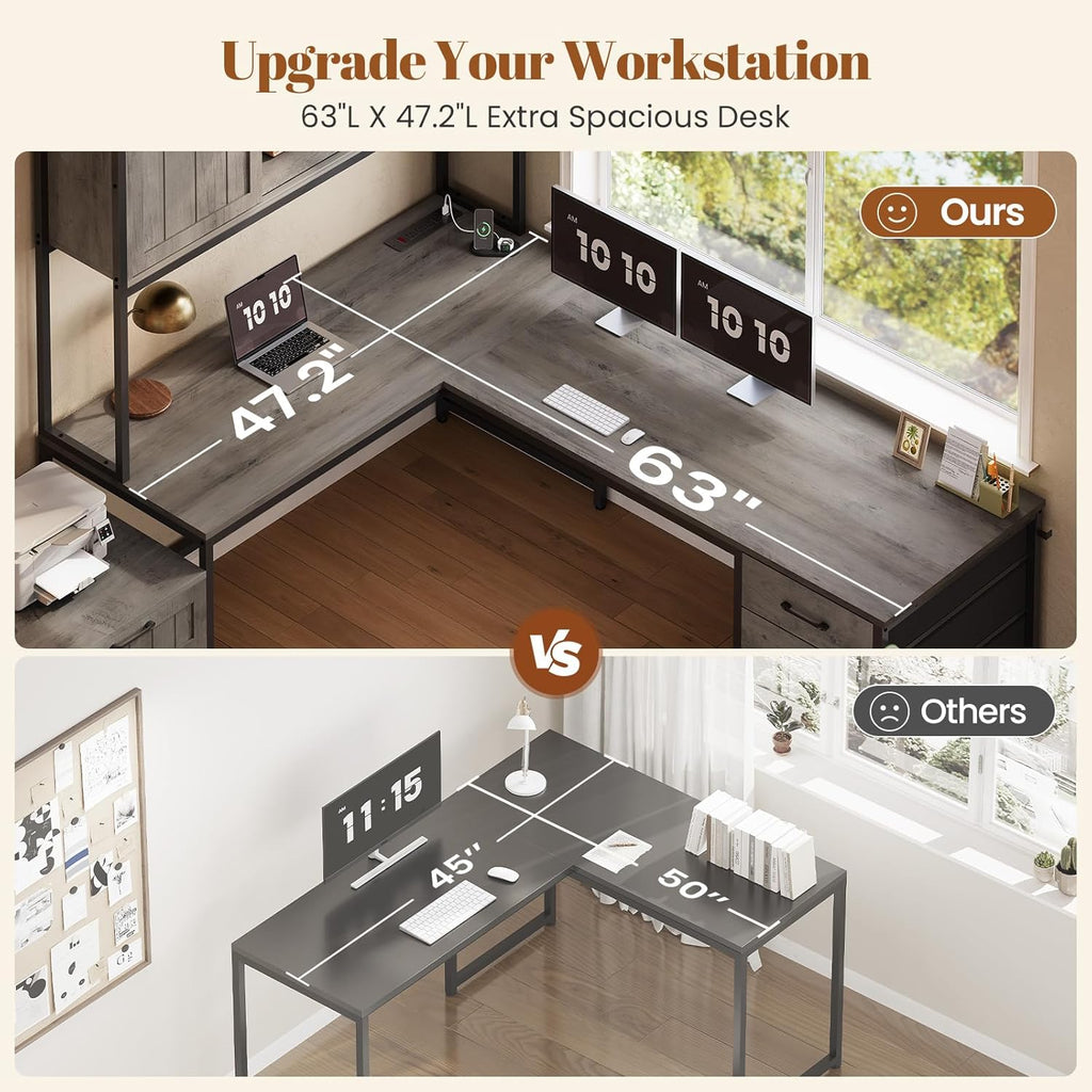 Farmhouse L Shaped Office Desk with 6 Drawer, Reversible Computer Desk with Power Outlet, Hutch/Two Person