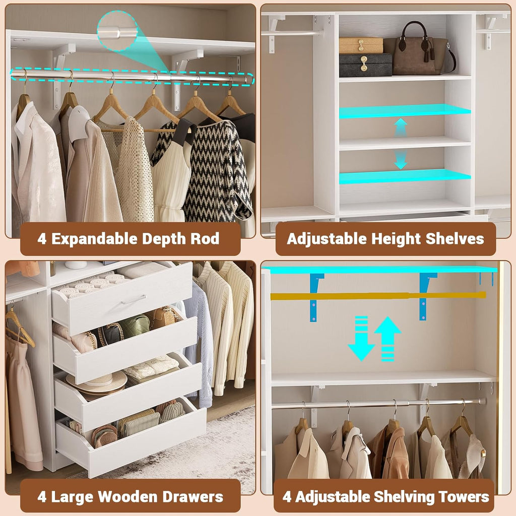 Closet System with 4 Drawers, 8FT Wood Closet Organizer System, 96'' Closets Built In System Tower with Shelves