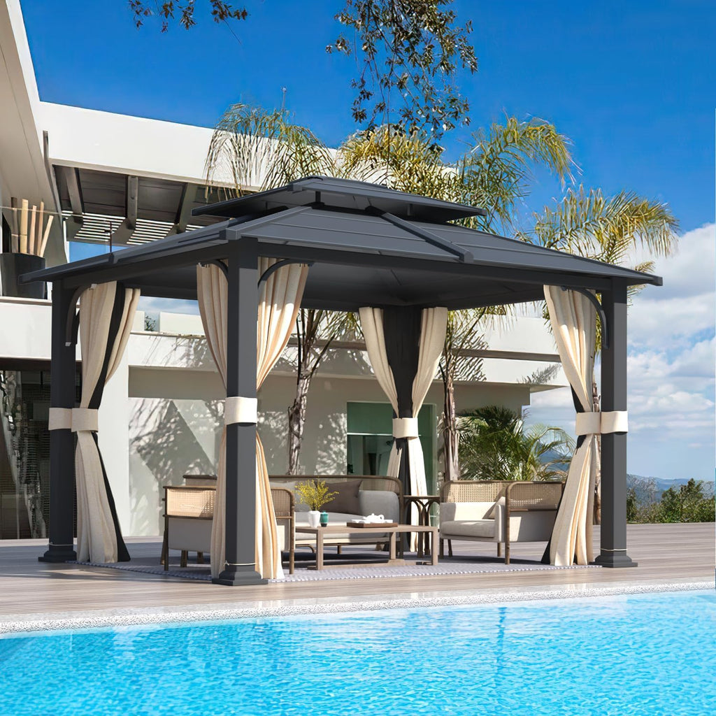 10'x12' Gazebo with Galvanized Steel Roof, Hardtop Double Roof with Anti-Rust Coating