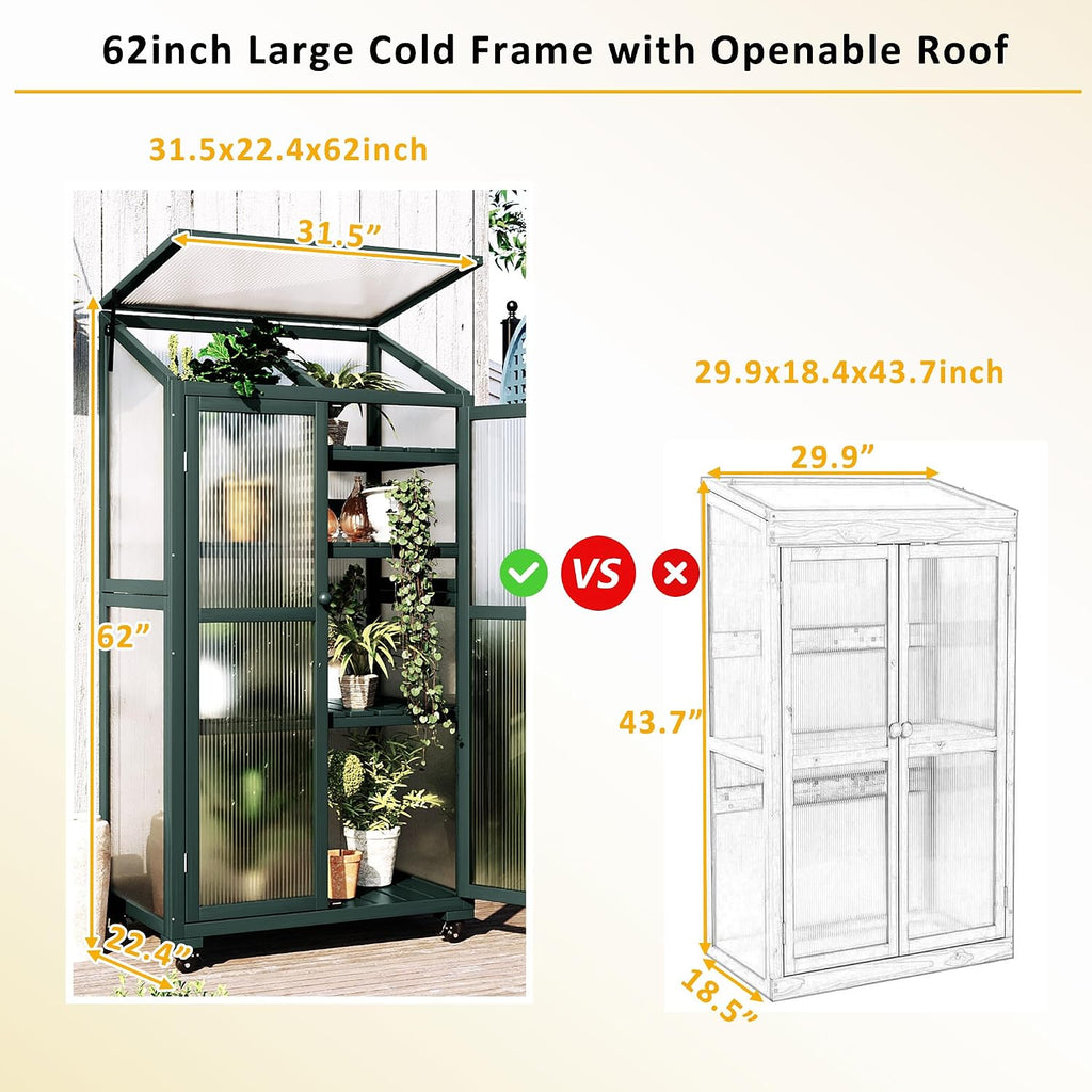 Cold Frame Greenhouse with Wheels, 62 Inch Portable Plant Cabinet | Fir wood, polycarbonate panels, garden or patio