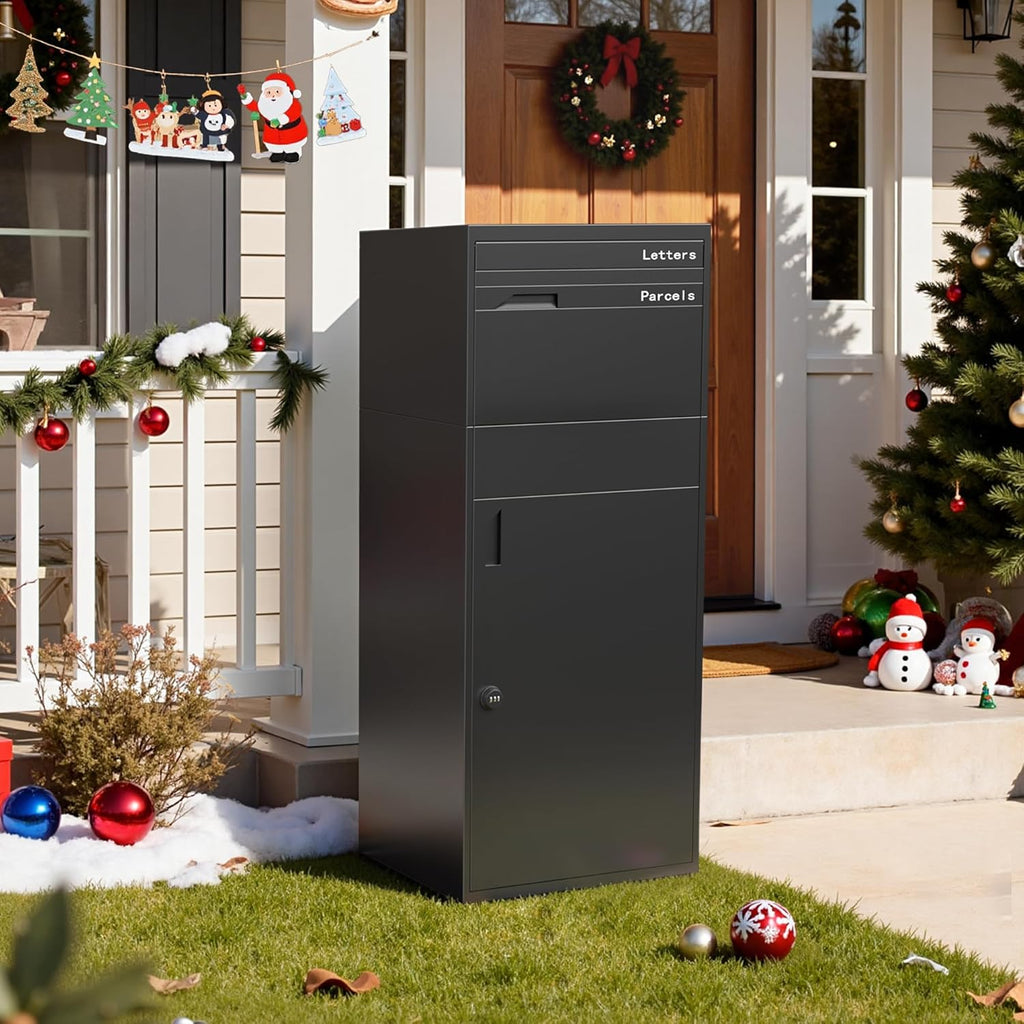Package Delivery Box, Pre-Assembled No-Install Parcel Drop Box, Weatherproof Anti-Theft Steel Design (Forged Iron Black)