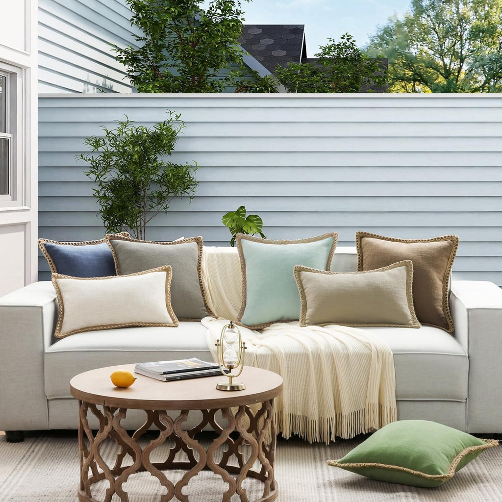 Pack of 2 Farmhouse Modern Spring Decorative Throw Pillow Covers Burlap Linen Trimmed Outdoor Pillows Tailored Edges