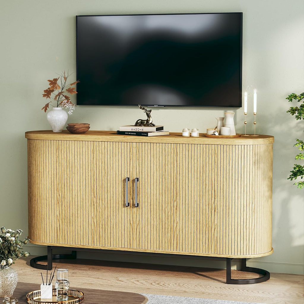 54.3" Buffet Cabinet with Storage, Fluted Sideboard with Tambour Doors, Modern Kitchen Storage Cabinet with