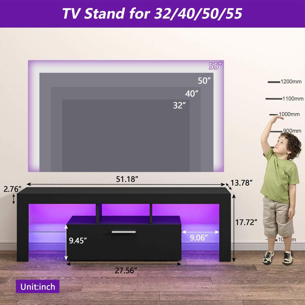 Modern Lighting 51 inch TV Stand with Large Storage Drawer for 32 40 50 55 Inch TVs, TV Console with 20 Color LED