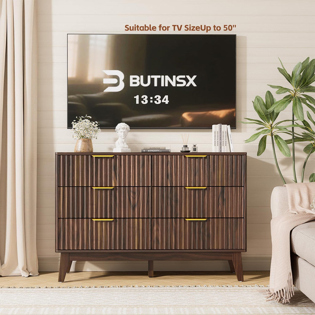 6-Drawer Dresser Fluted Drawers, Mid-Century, Walnut | 47.2"W x 15.4"D x 32.3"H, 130 lbs top / 40 lbs per drawer