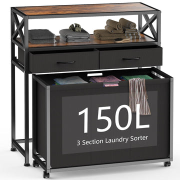 Laundry Sorter Hamper 3 Section with 2 Shelves & 2 Drawers
