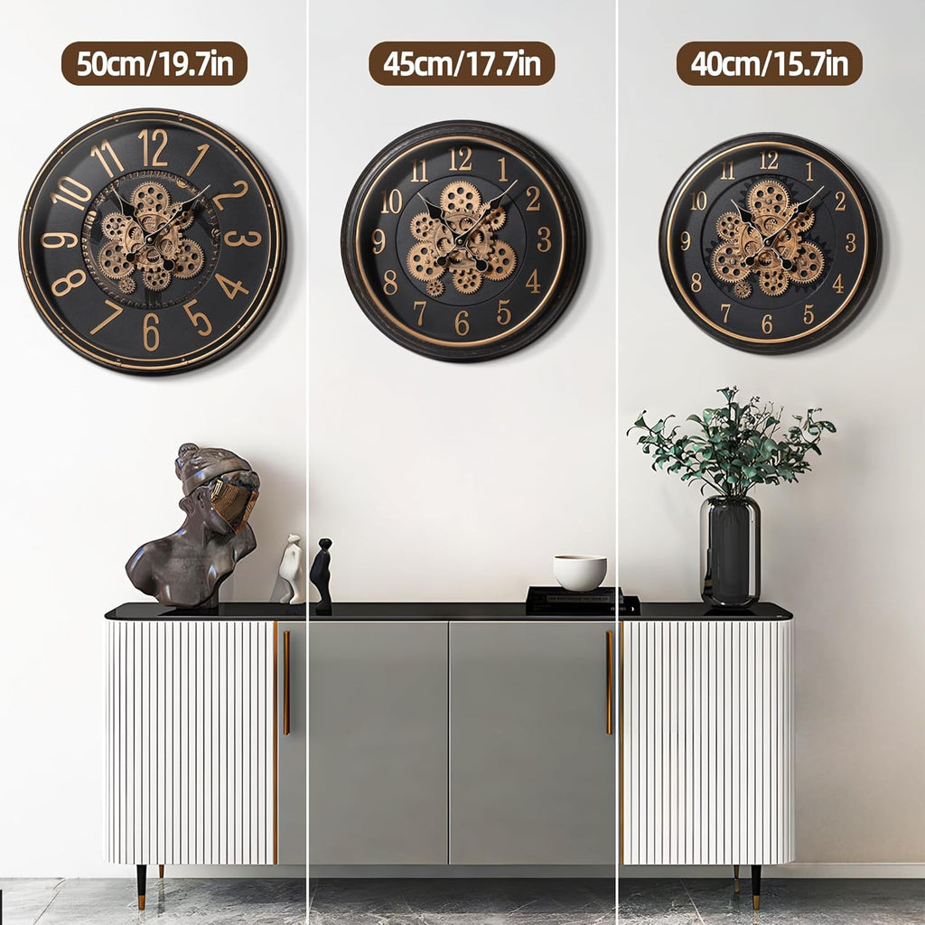 Large Wall Clock with Moving Gear, 40cm / 16 Inch Retro Wall Clock for Living Room Decor, Industrial Steampunk Decorative Wall Clock...