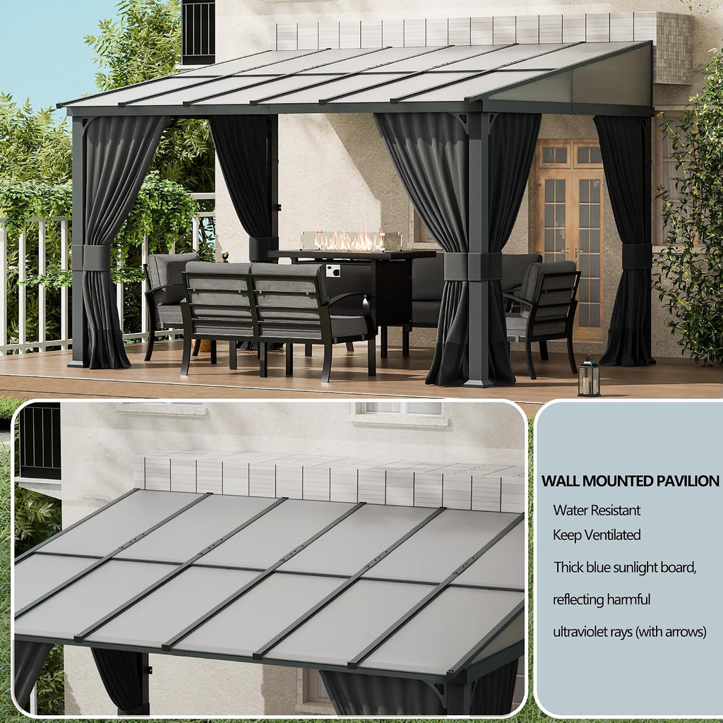 10x12FT Gazebo, Hardtop Wall Mounted Gazebo with Sloping Sun Panel Roof, Awnings with Metal Frame, Double Curtains Sand