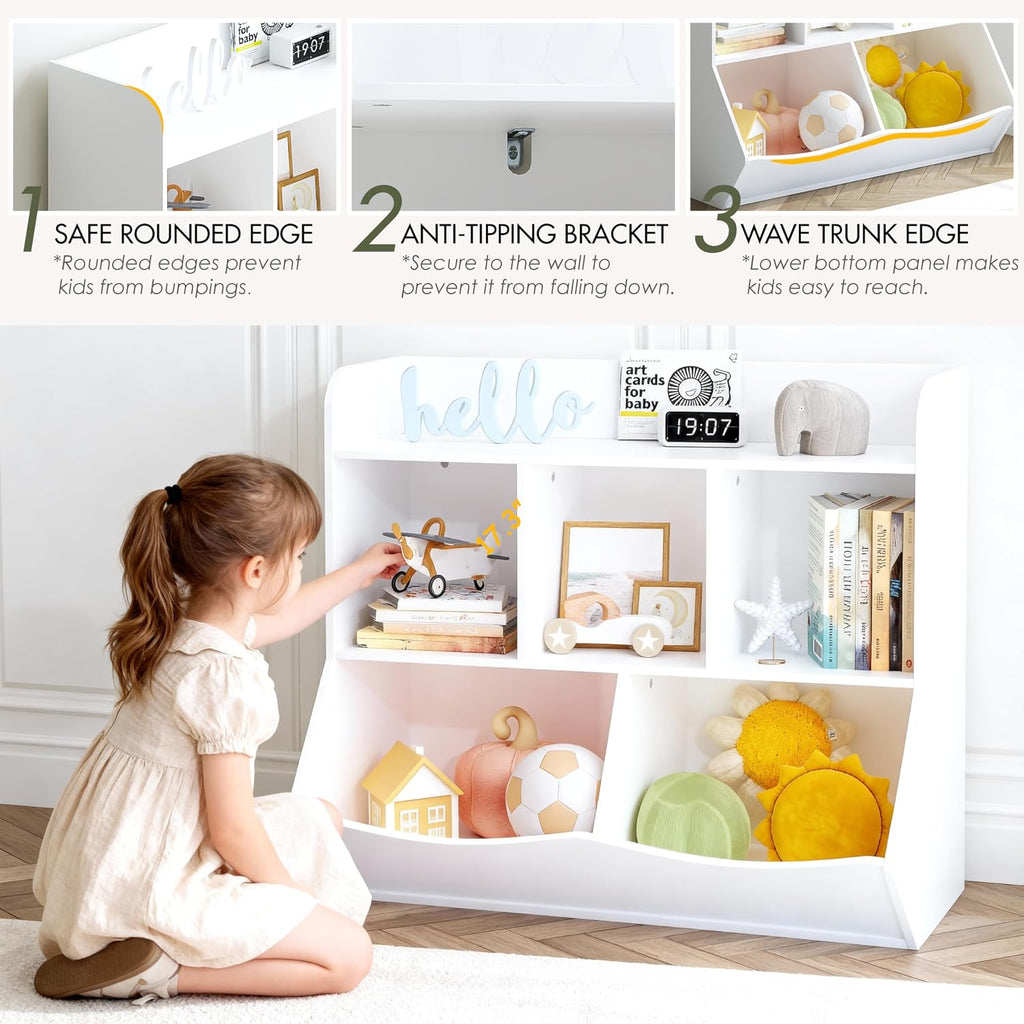 Toy Storage Organizer with Bookcase, Slanted Kids Toy Shelf Cubby | Multi Toy Storage Bookshelf, Spacious Shelves and