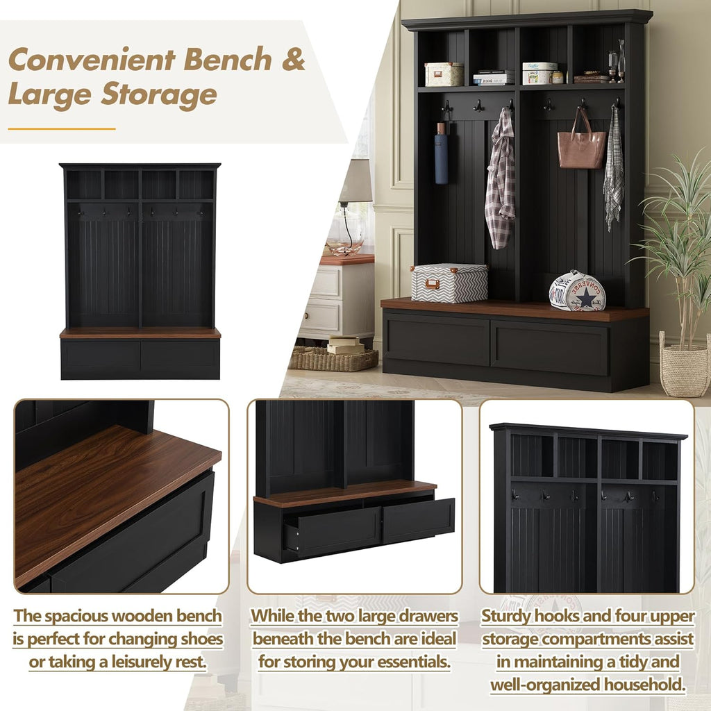Farmhouse Entryway Hall Tree with Bench, Mudroom Coat Rack with 2 Large Drawer and Open Shelf, 4-in-1 Hallyway Shoe