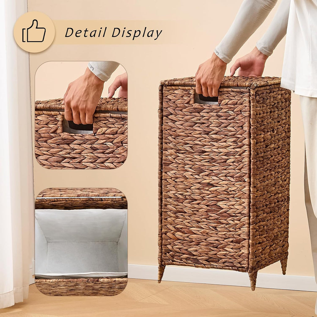 Handwoven Laundry Hamper with Lid, Natural Water Hyacinth Heightened Feet Laundry Basket, Wicker Clothes Hamper with
