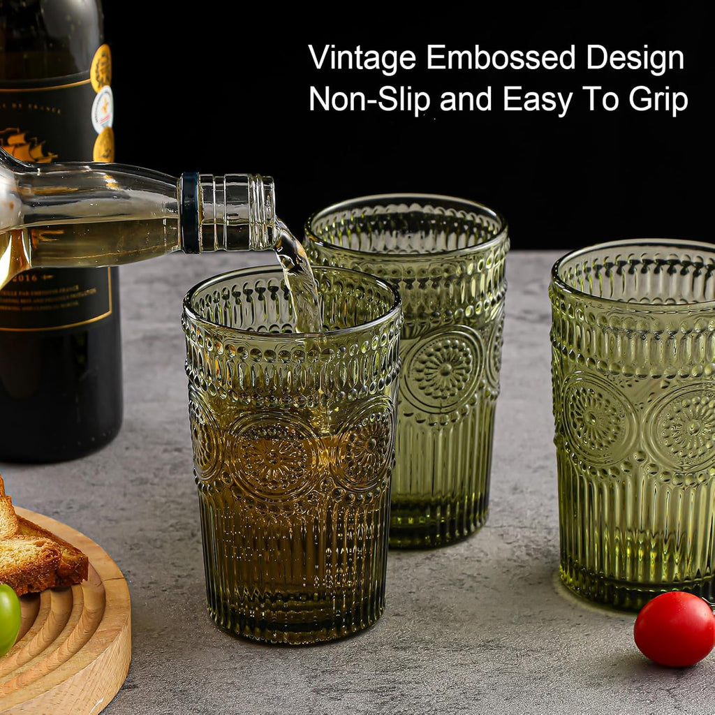 Vintage Glassware Drinking Glasses Set of 6, 13 oz Green Textured Flower Design Glass Water Tumblers，Embossed Striped