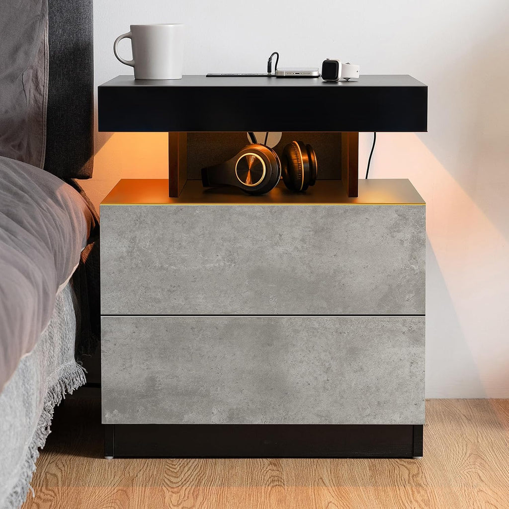 LED Nightstand with Wireless Charging Station & USB Ports High Gloss Bedside Table with LED Light RGB Adjustable