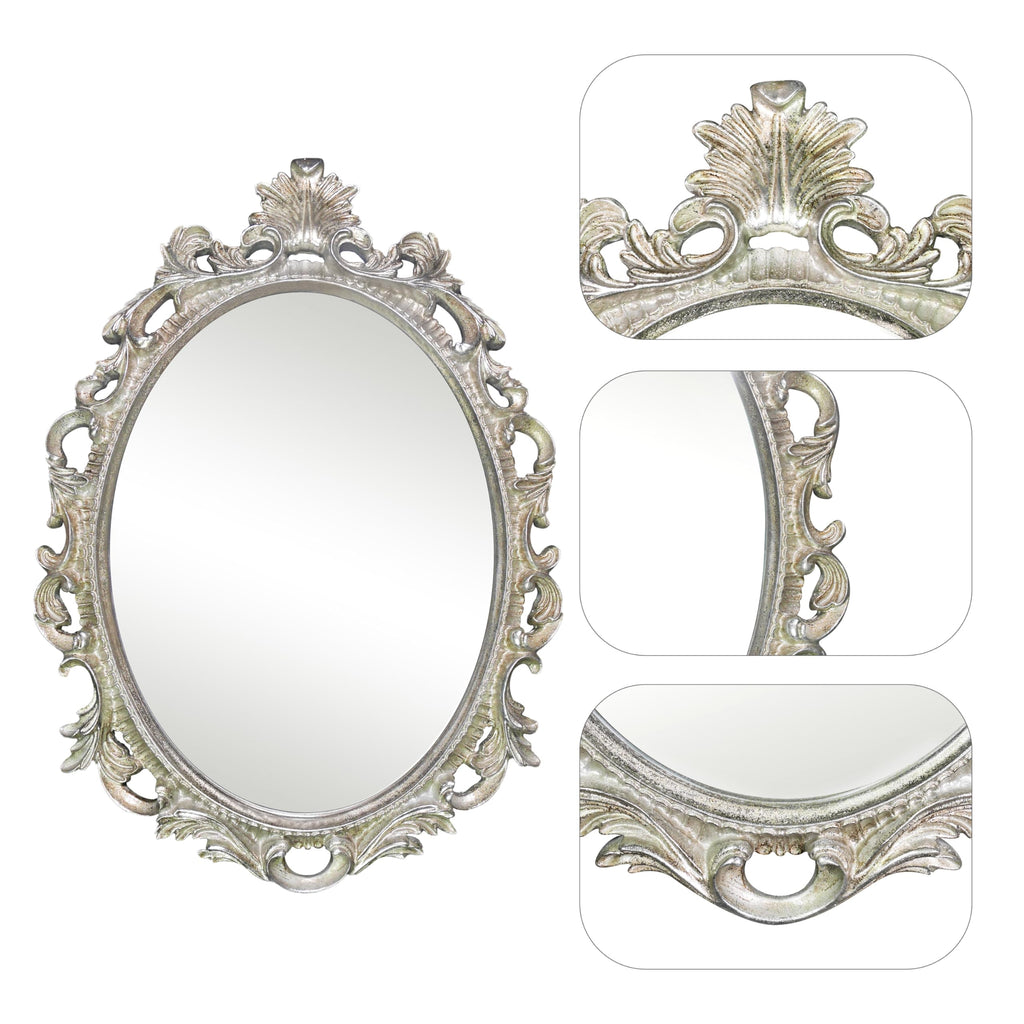 Antique Silver Oval Wall Mirror, Gothic Scroll, 18 × 24 in