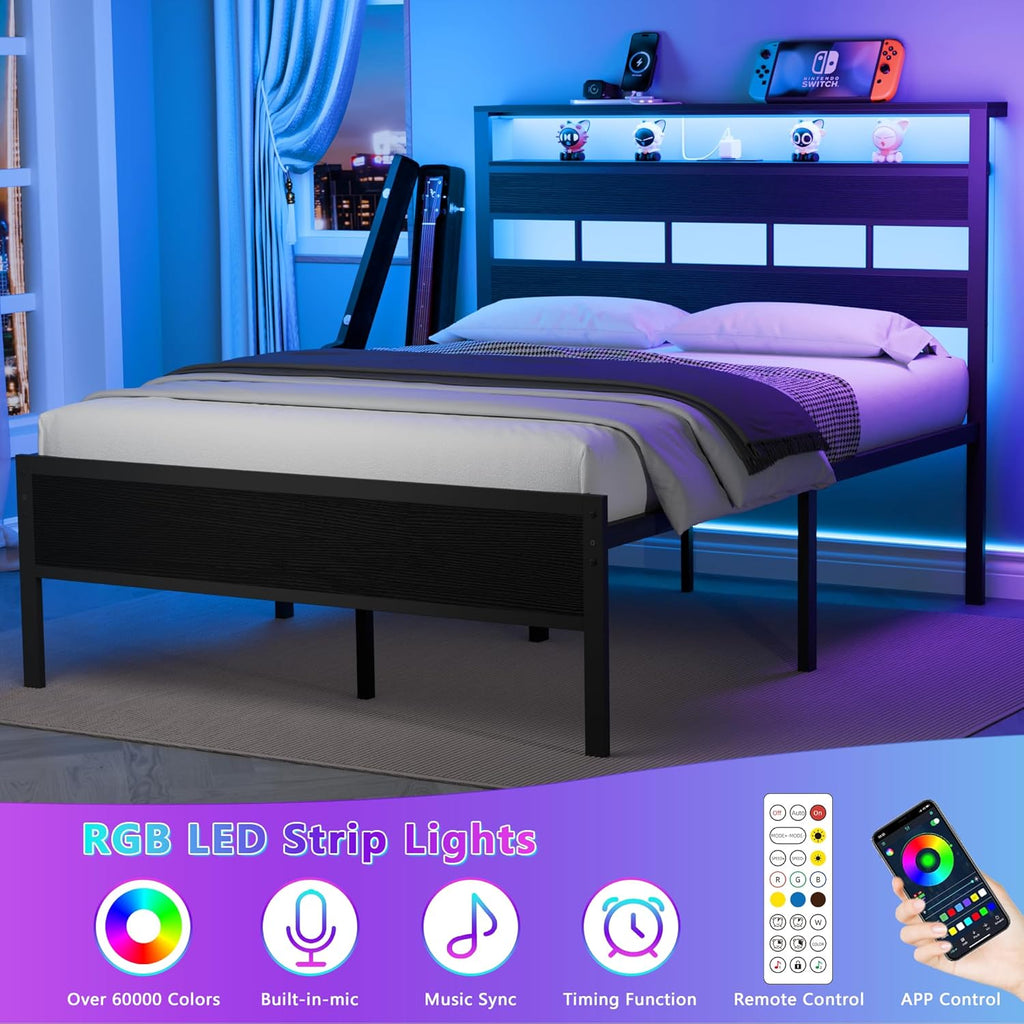 Full Bed Frame with LED Light and Charging Station, Wood Storage Headboard with 2-Tier Shelves