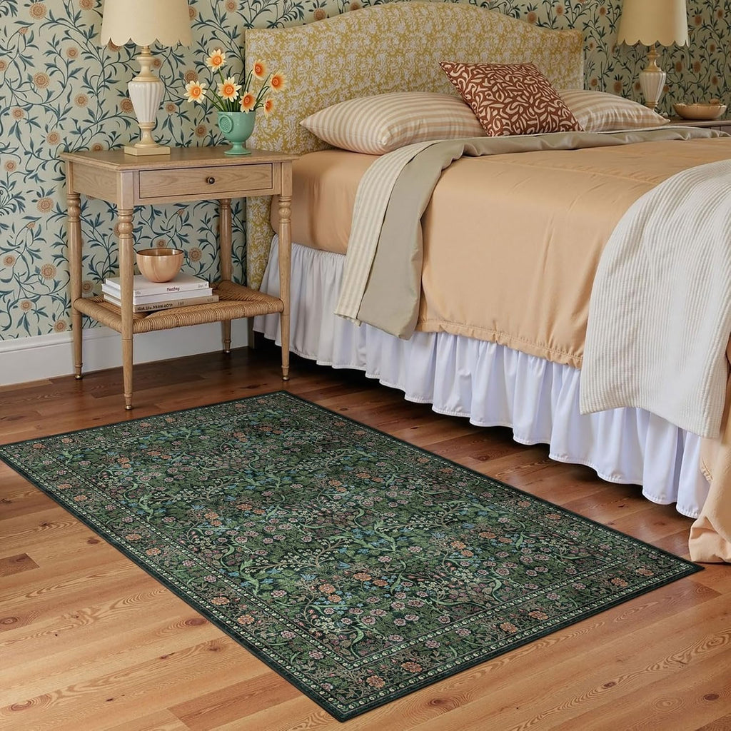 Dark Green Floral Entry Rug - 3x5 Soft Washable Bedroom Area Rug Non Slip Vintage Botanical Farmhous
