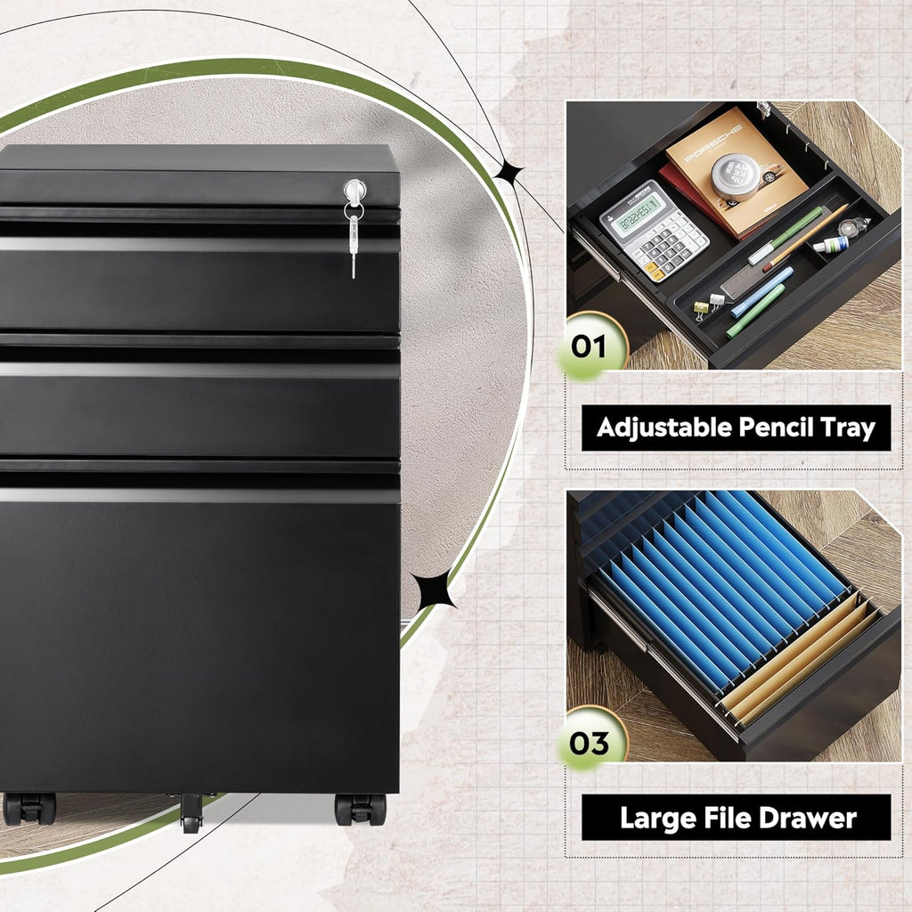 3 Drawer File Cabinet with Lock, Fully Assembled Except Casters