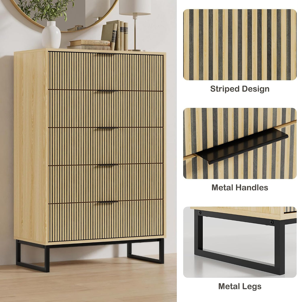 Tall 5 Drawers Dresser , Natural Wood Dresser with Metal Handle, 49.2'' Chest of Drawers Modern Drawer Organizer with